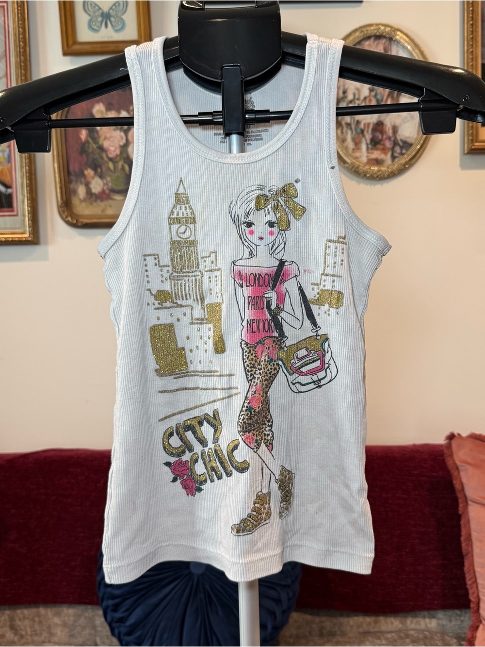 Girls White Y2K 'City Chic' Glitter Graphic Tank Top